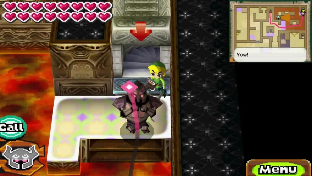 Link on a Phantom crossing lava on floor 30 of the Tower of Spirits, a pink trail ahead