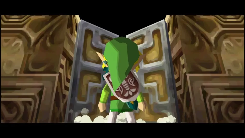 Link facing a sealed stone door with his shield raised in the Tower of Spirits