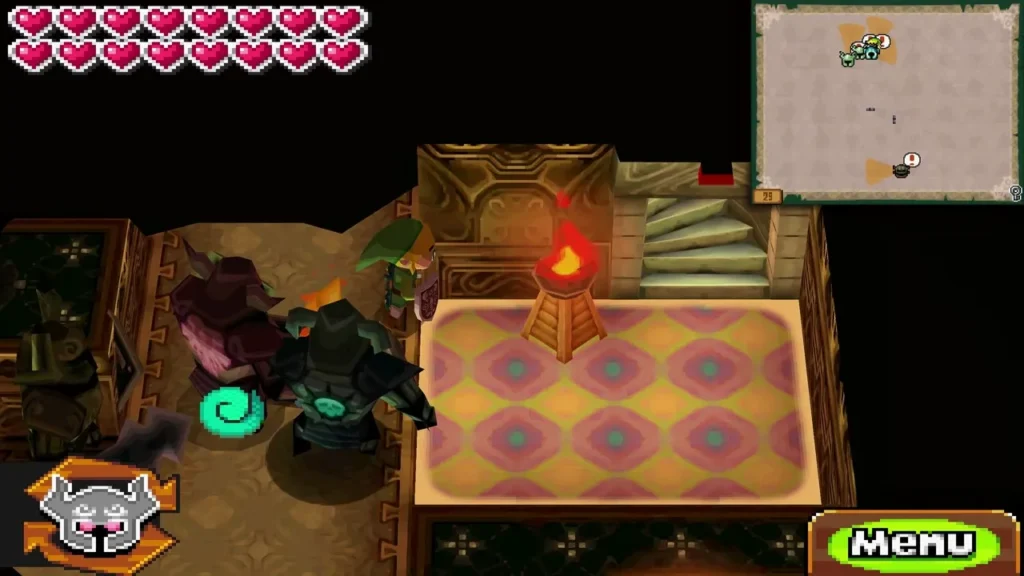 Link near a Phantom with a teal swirl beside two lit braziers on floor 29