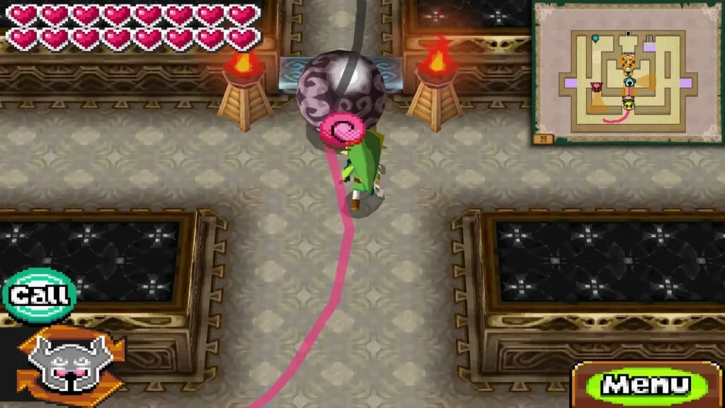 Link leading a Phantom Eye across the sand on Floor 25 of the Tower of Spirits, its pink trail visible