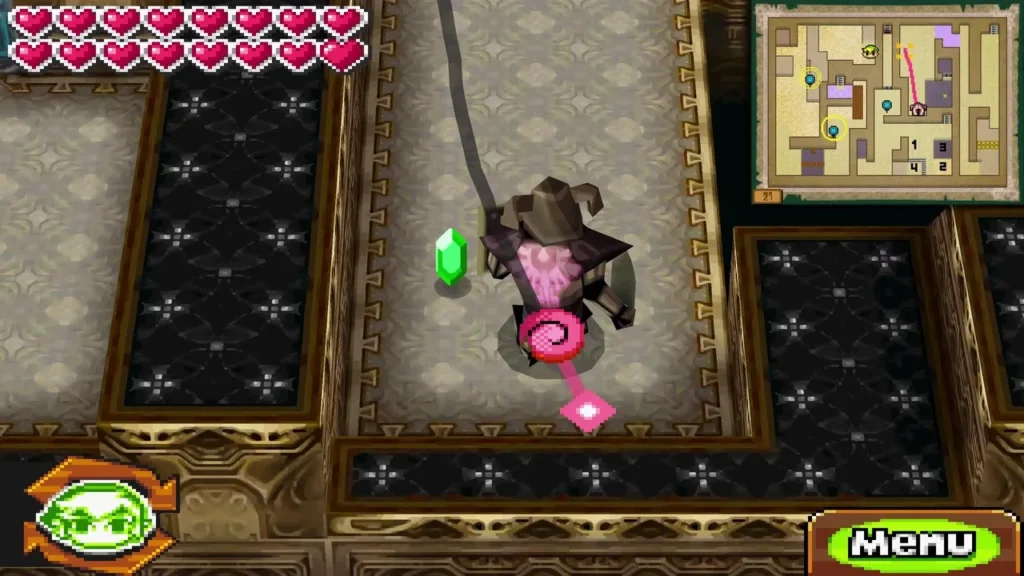 A dark Phantom with a pink path and a green rupee on the floor of the Tower of Spirits