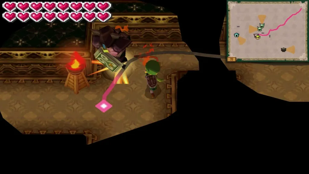 Dark Phantom beside a lit torch with a yellow path on the floor and Link nearby