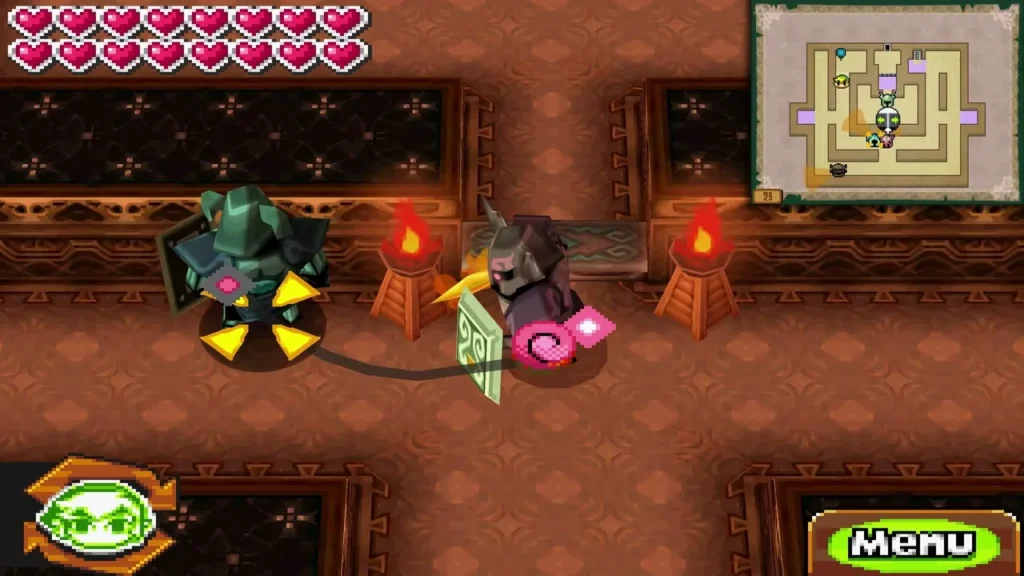 Link fighting dark Phantoms beside lit braziers in a red-carpeted Tower room