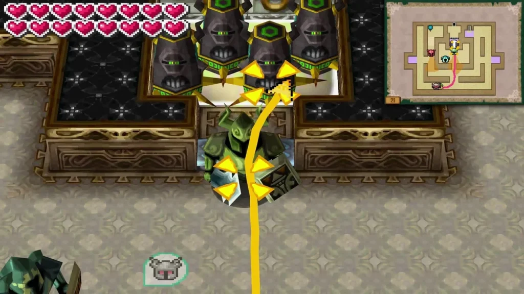 Several Phantoms with yellow markers in a floor 25 room, a yellow line trailing toward them