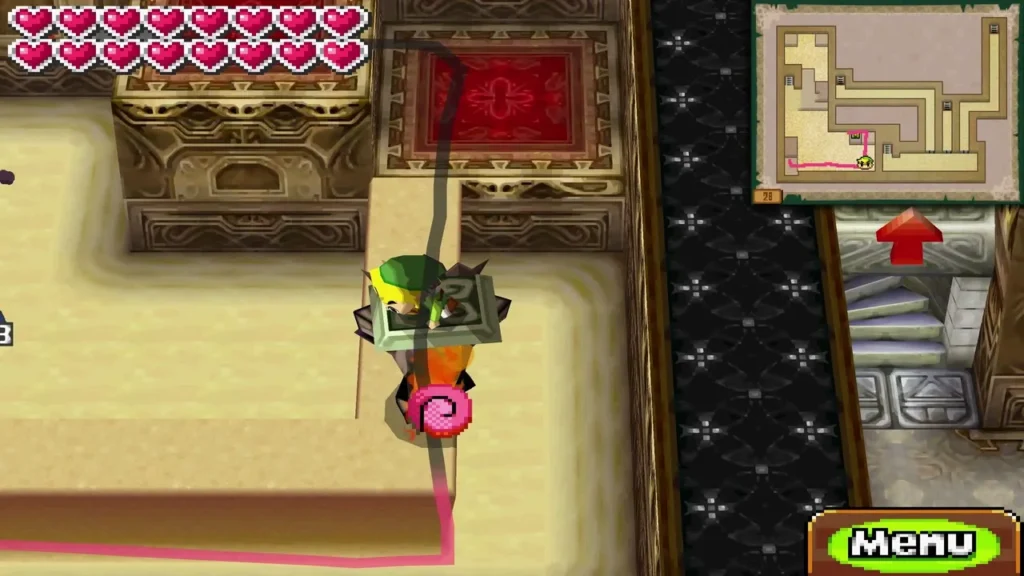 Link riding a Phantom along a pink path toward a red arrow pointing to the stairs