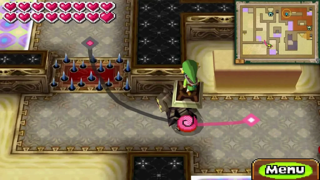 Link beside a Phantom on a pink-marked tile beside red spike tiles on floor 30