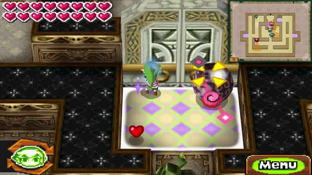 Link on a purple-tiled floor area beside a Phantom in the Floor 25 rooms of the Tower of Spirits