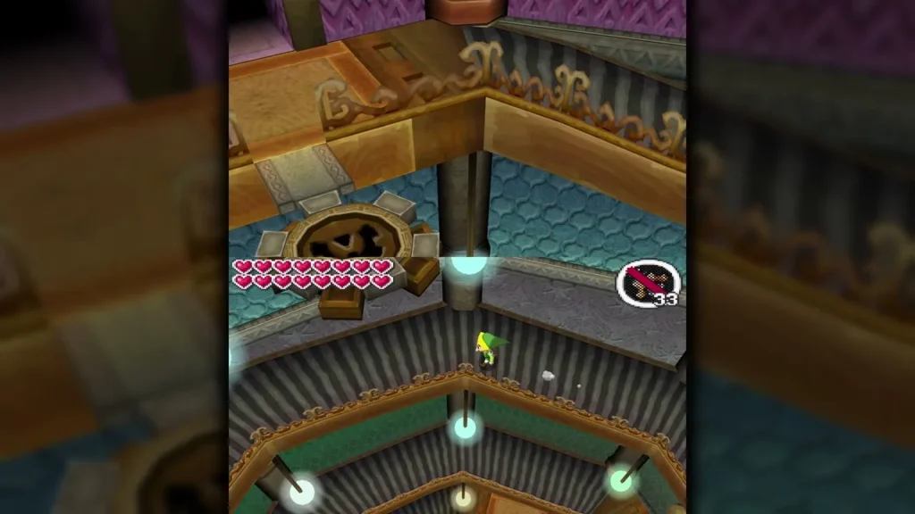 Link in the rest area of the Tower of Spirits, with glowing light orbs on the floor