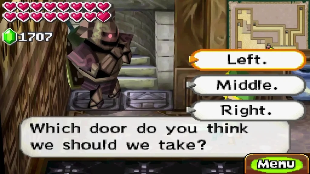 Choice box 'Which door do you think we should take?' with Left, Middle and Right options