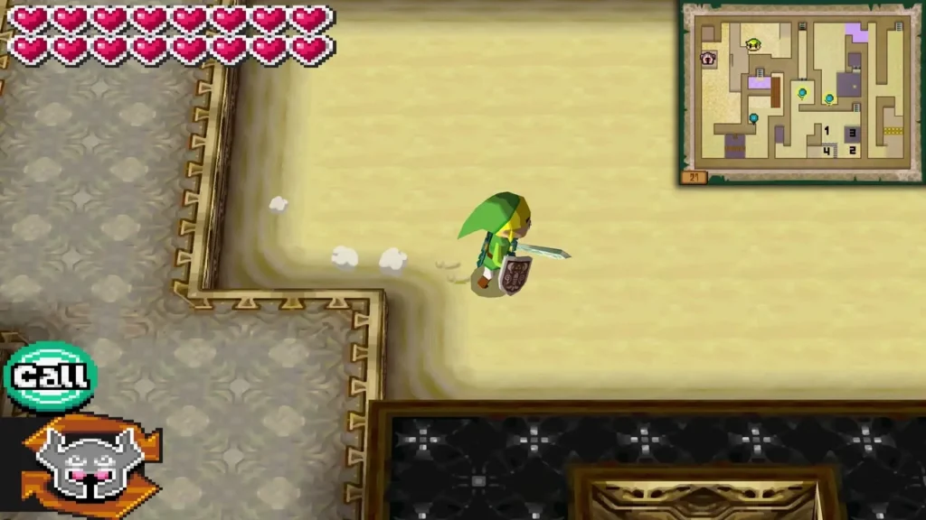 Link on a sand floor in the Tower of Spirits with a Call prompt on screen