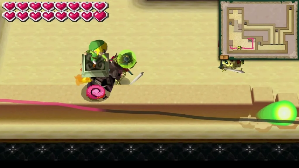 Link on a sand path beside a Phantom, a pink trail running along the sand