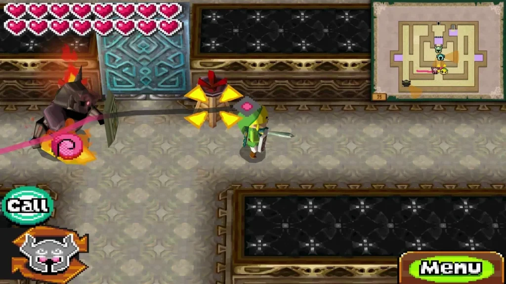 Link beside a sealed teal door with a Phantom and a pink trail nearby on Floor 25