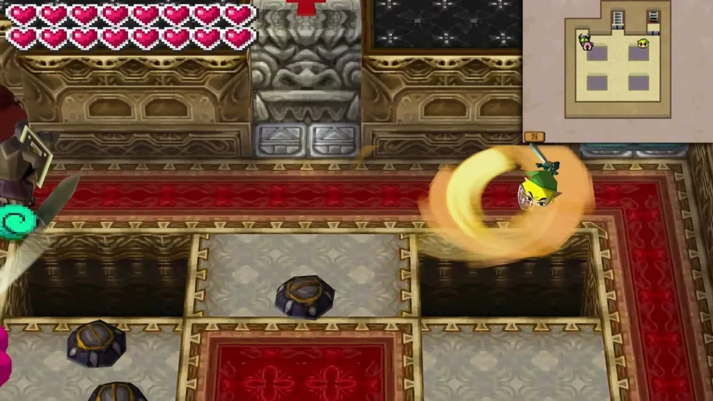 Link spin-attacking on the red carpeted floor 26 of the Tower of Spirits
