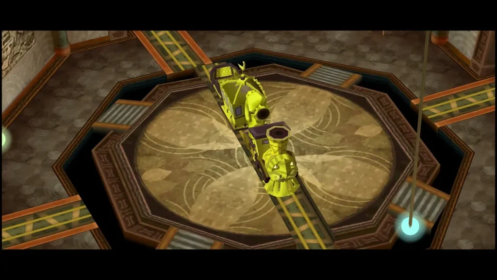 The Spirit Train on the round platform of the Tower of Spirits lobby, ready to depart