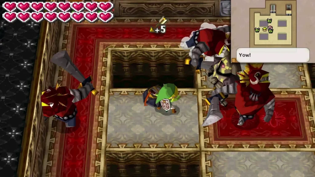 Link fighting off red armored warriors on the carpeted floor 26 of the Tower of Spirits