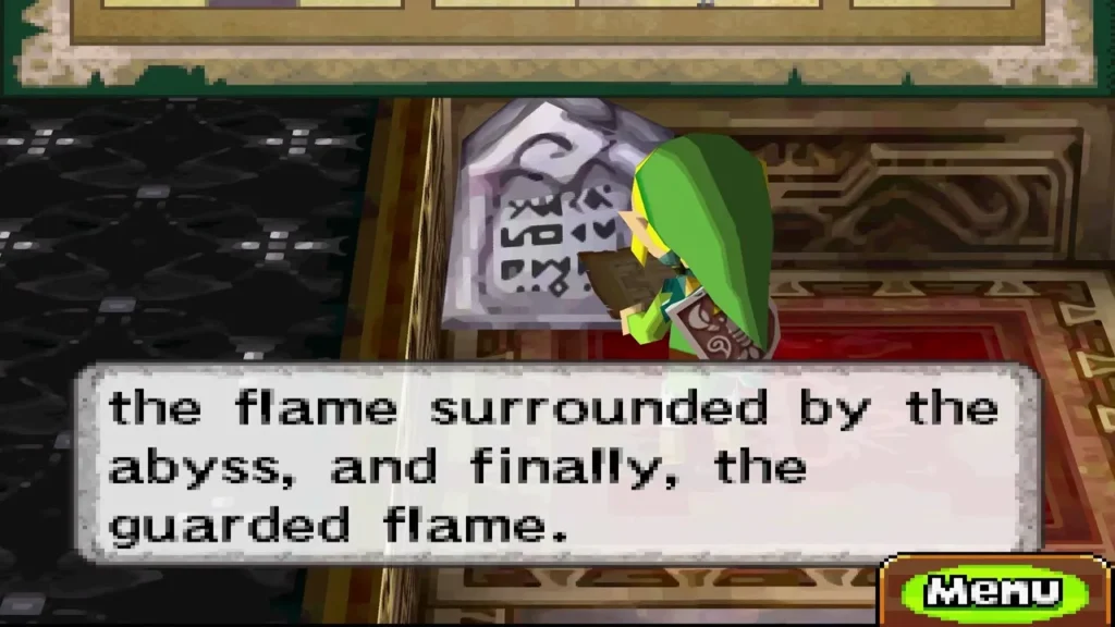 The stone tablet on floor 27 with its second message fully shown, Link beside it