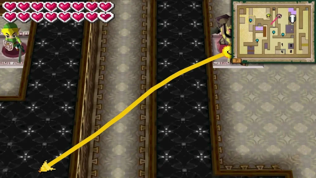 A yellow path curving down a grey corridor in the Tower of Spirits