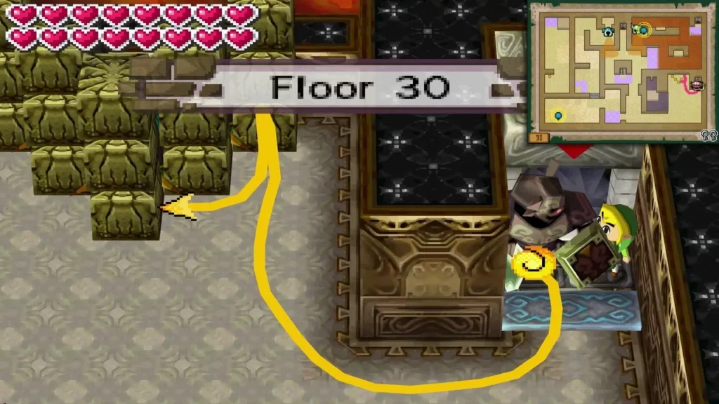 Yellow path curving across a Tower of Spirits room, the 'Floor 30' card on screen