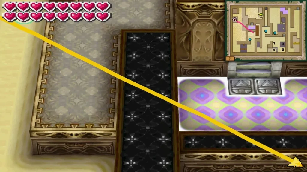 A long yellow path running across a grey floor toward a purple carpet