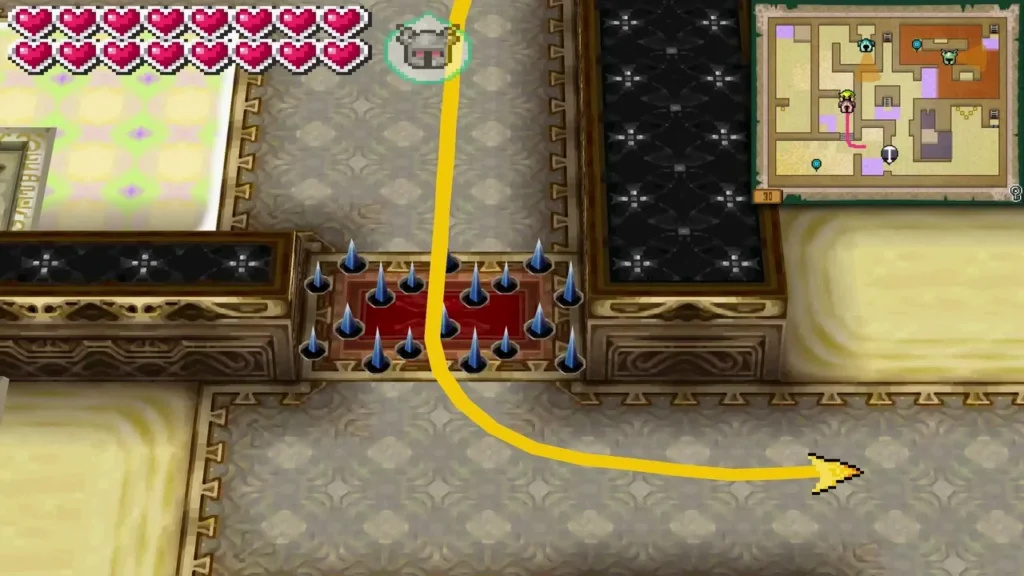 A yellow path leading across red spike tiles toward a sand area on floor 30