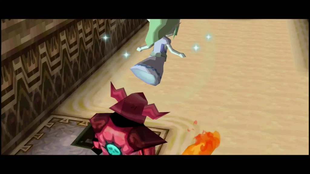 A red armored Phantom beside a lit flame in a sand field on floor 27