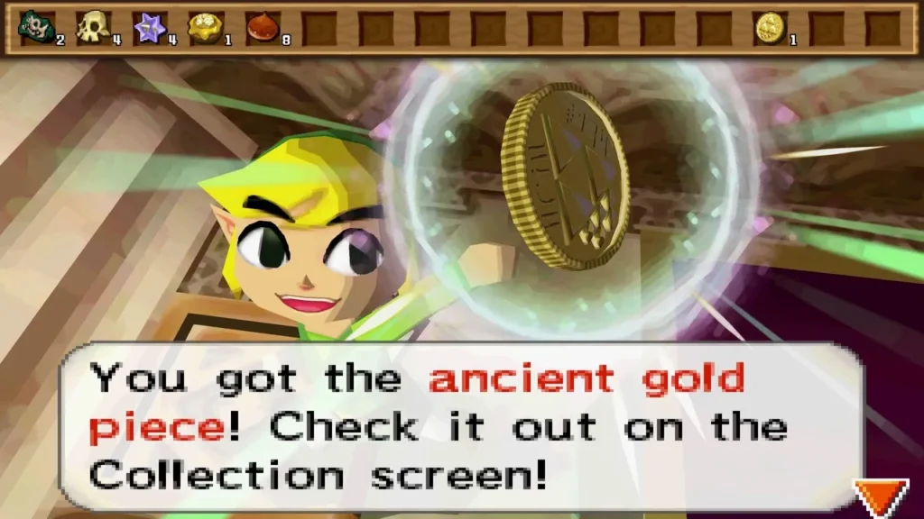 Link holding up the ancient gold piece with its name box Link holding up the ancient gold piece with its name box