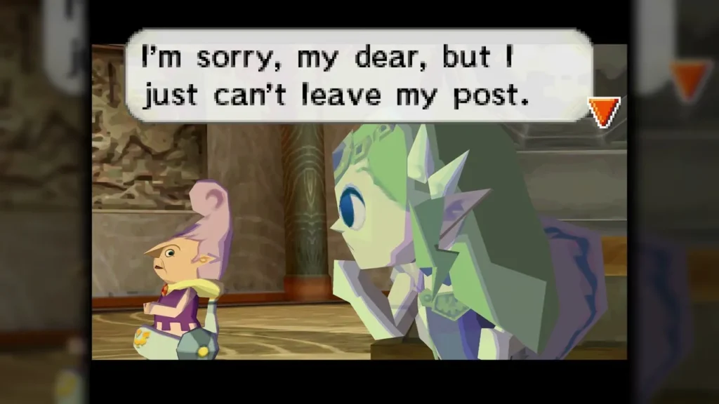 Anjean apologizing that she cannot leave her post to guide Link Anjean apologizing that she cannot leave her post to guide Link