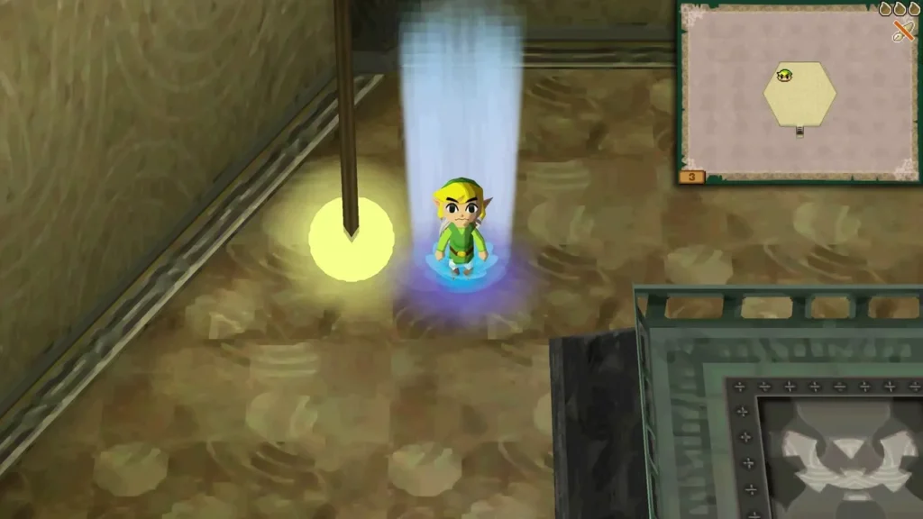 Link stepping into a blue light column to return to the tower lobby Link stepping into a blue light column to return to the tower lobby