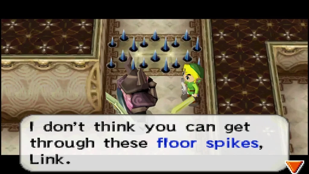 Link facing a field of floor spikes that blocks the path on floor 2 Link facing a field of floor spikes that blocks the path on floor 2