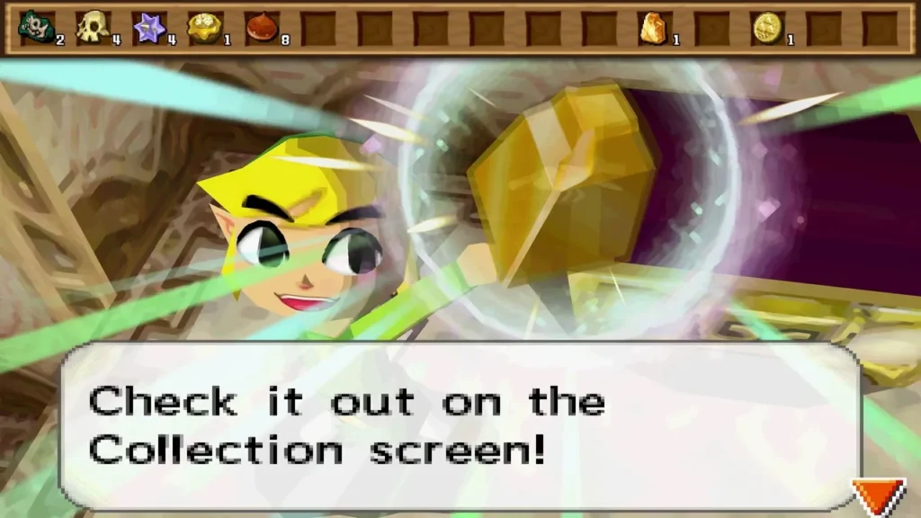 Link holding up an amber treasure with its message box telling him to check it on the Collection screen Link holding up an amber treasure with its message box telling him to check it on the Collection screen