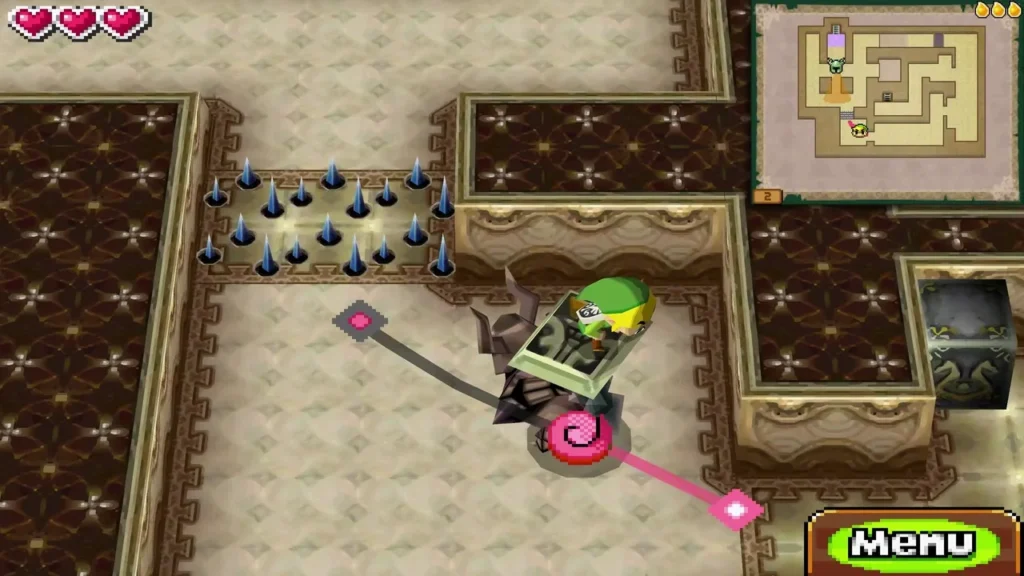 Link riding Zelda's Phantom beside a field of spikes, with a pink path drawn across the room Link riding Zelda's Phantom beside a field of spikes, with a pink path drawn across the room