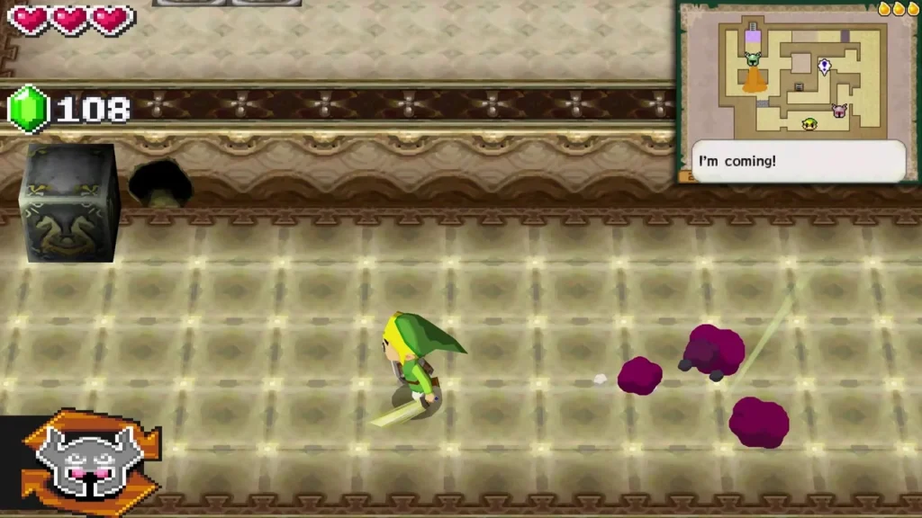 Link facing a group of purple Rats in a room beside a rat hole Link facing a group of purple Rats in a room beside a rat hole