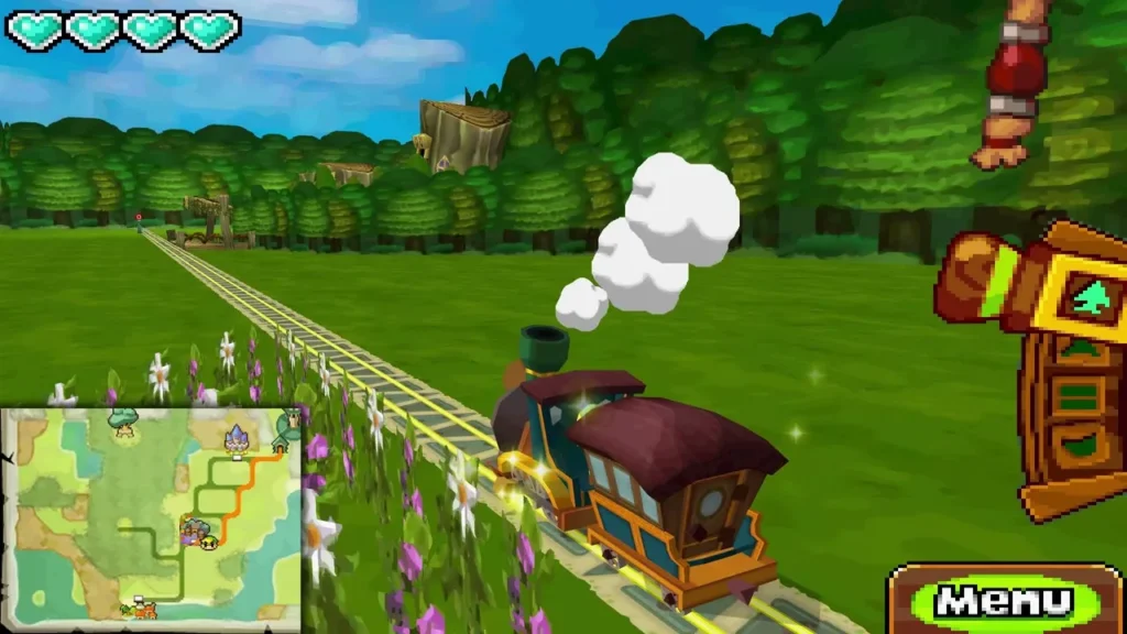 The Spirit Train running down a long straight track across the Forest Realm fields The Spirit Train running down a long straight track across the Forest Realm fields