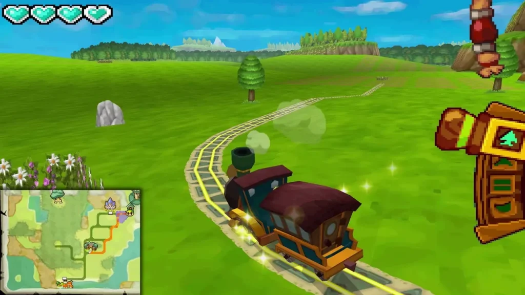 The Spirit Train curving along a grassy track out of the tower into the Forest Realm The Spirit Train curving along a grassy track out of the tower into the Forest Realm