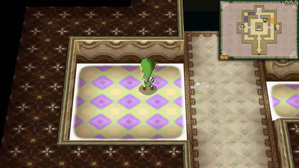 Link stepping onto a glowing safe tile on the left branch of the Floor 1 route Link stepping onto a glowing safe tile on the left branch of the Floor 1 route