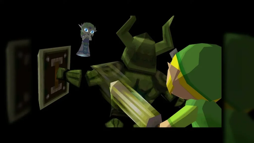 Link slashing a Phantom from behind while Zelda's spirit hovers nearby Link slashing a Phantom from behind while Zelda's spirit hovers nearby