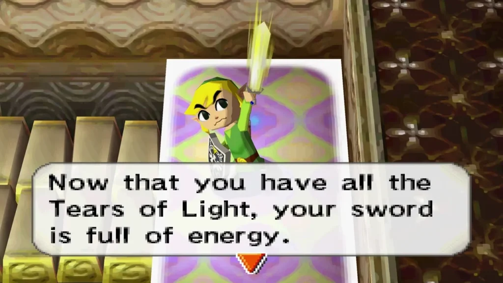 Link raising his sword with its light energy after collecting all three Tears of Light Link raising his sword with its light energy after collecting all three Tears of Light