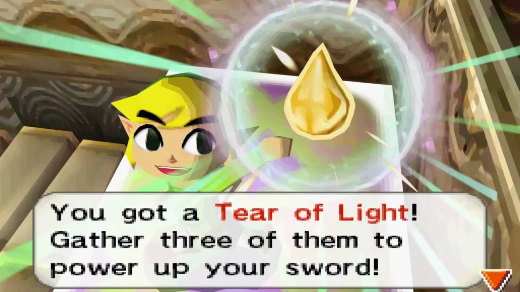 Link holding up the third Tear of Light with its message box fully on screen beside the bridge Link holding up the third Tear of Light with its message box fully on screen beside the bridge
