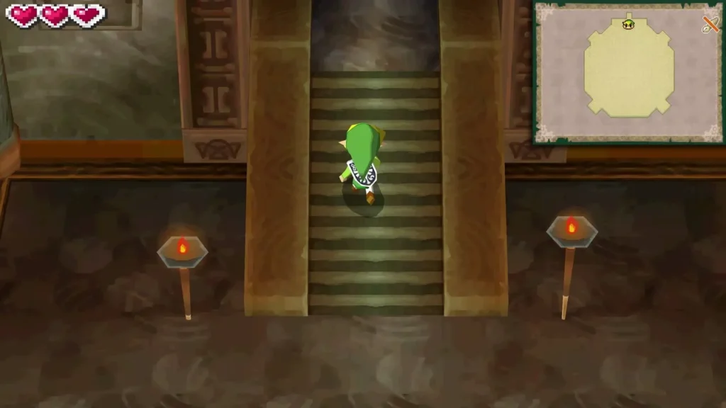 Link climbing the central staircase from the lobby of the Tower of Spirits Link climbing the central staircase from the lobby of the Tower of Spirits