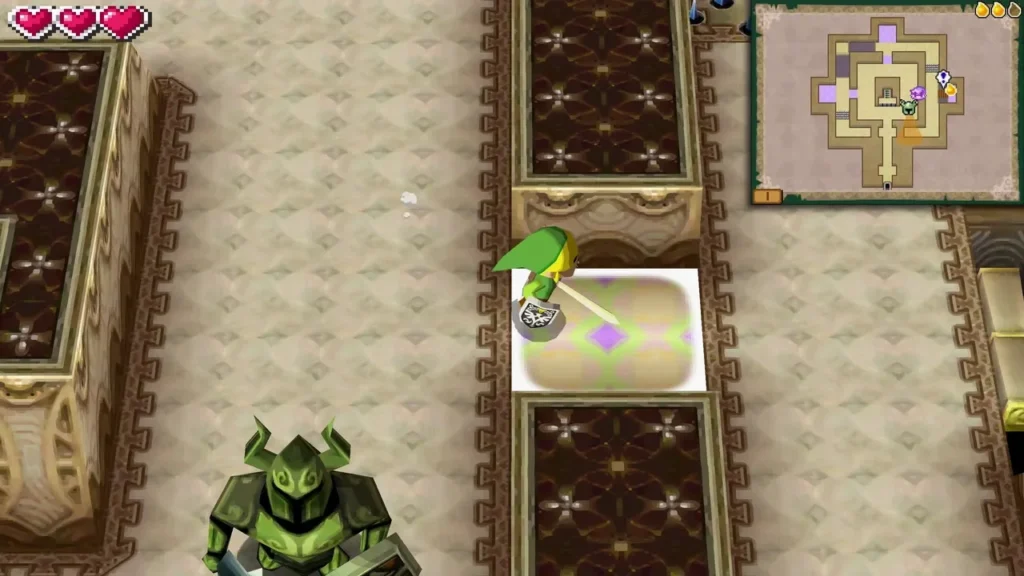 Link waiting on a safe tile while a Phantom patrols nearby in the tower Link waiting on a safe tile while a Phantom patrols nearby in the tower