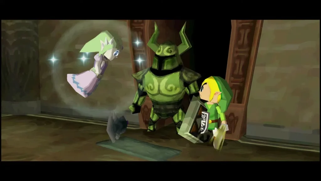 Zelda's spirit rising out of the green Phantom armor beside Link Zelda's spirit rising out of the green Phantom armor beside Link
