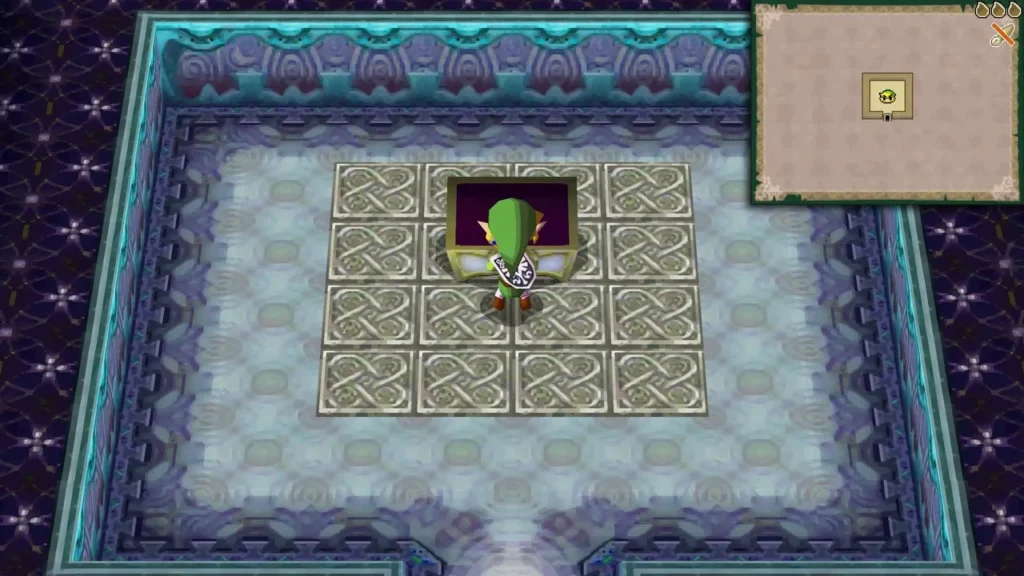 Link standing before a large chest in a blue-tiled room of the tower Link standing before a large chest in a blue-tiled room of the tower