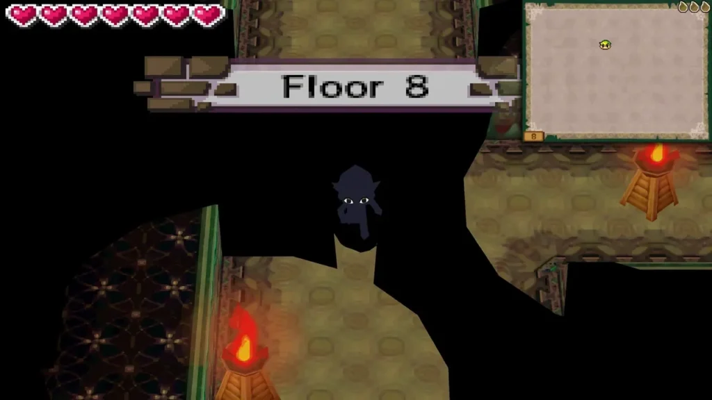 The Floor 8 title card over a dark tower chamber with Link entering The Floor 8 title card over a dark tower chamber with Link entering