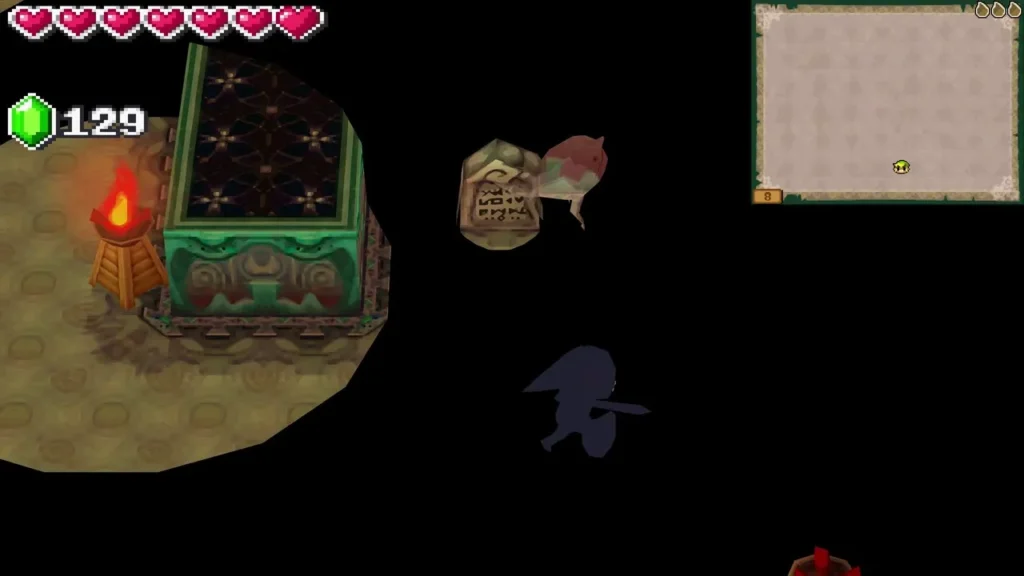 A ghost drifting in the dark near a stone tablet and a lit torch A ghost drifting in the dark near a stone tablet and a lit torch