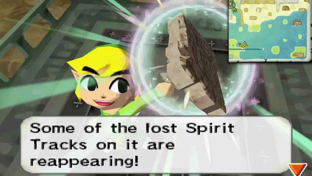 Link holding the Ocean Rail Map as a message says some of the lost Spirit Tracks are reappearing Link holding the Ocean Rail Map as a message says some of the lost Spirit Tracks are reappearing