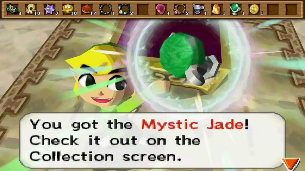 Link holding up the Mystic Jade with the item name box on screen Link holding up the Mystic Jade with the item name box on screen