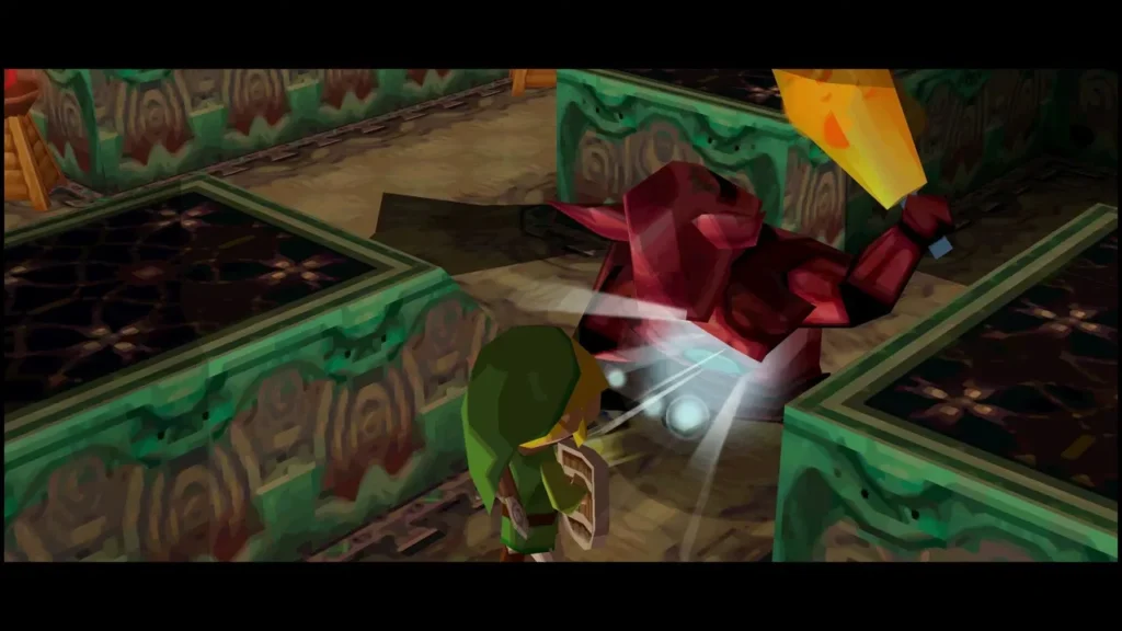 Link striking a red Torch Phantom from behind in a green-walled tower room Link striking a red Torch Phantom from behind in a green-walled tower room