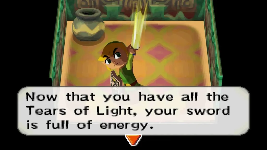 Link raising his glowing sword after gathering all three Tears of Light Link raising his glowing sword after gathering all three Tears of Light