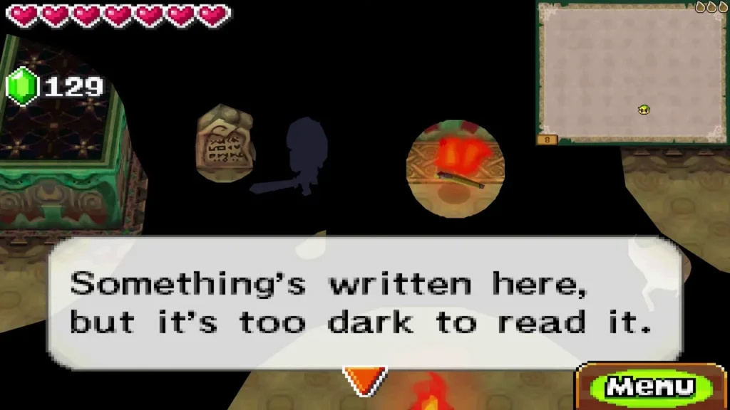 Link beside a dark stone tablet with the message that it is too dark to read Link beside a dark stone tablet with the message that it is too dark to read
