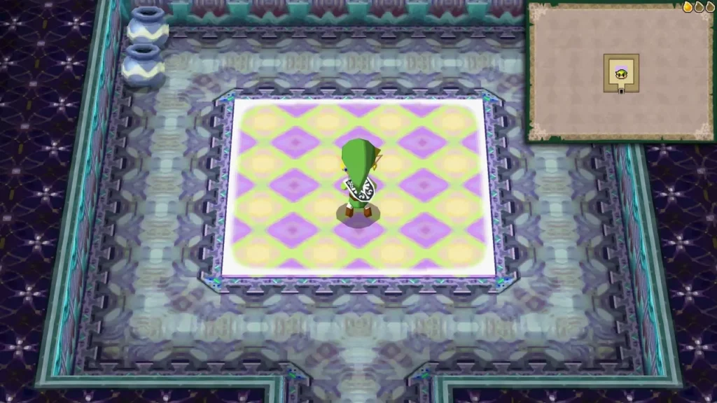 Link standing in the center of a purple-tiled tower room Link standing in the center of a purple-tiled tower room